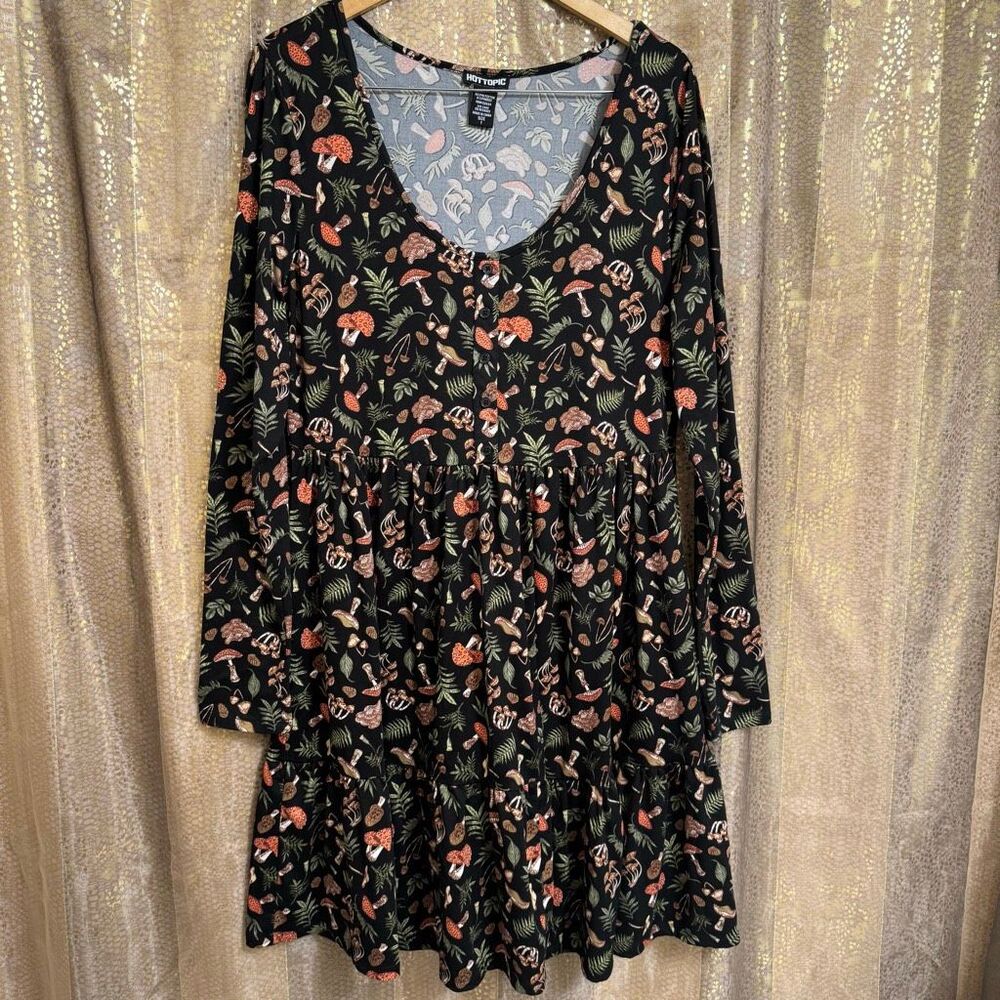 Hot Topic Whimsygoth Black Woodland Mushroom Tiered Long-Sleeve Dress 1X